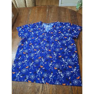 New XL Wear 4 Care Halloween Short Sleeve Pullover Scrub Top Shirt Orange Blue